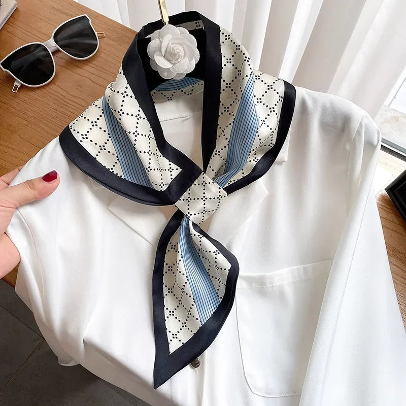 Luxury Houndstooth Print Silk Scarfs Women Bag Ribbons Foulard Office Skinny Neckerchief Neck Hands Ties Satin Female Hairband