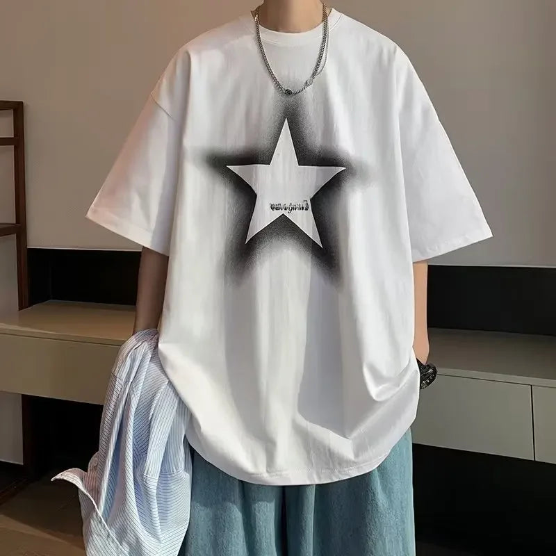 Hong Kong Style Casual Fashion Urban Men's T-Shirt New Daily Trendy Brand Summer Round Neck Five Sleeve Trendy Standard