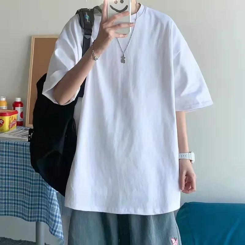 White Solid Color Short Sleeve Men's T-shirt Sports Ins Trendy Couple Top Loose Fit Summer Sweat Shirt Half Sleeve Body Shirt