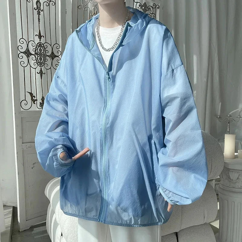 Ice Silk Sun Protection Jacket Men's Summer Style American Street Youth Outdoor Lightweight Plus Size Loose Fit Breathable Hoode