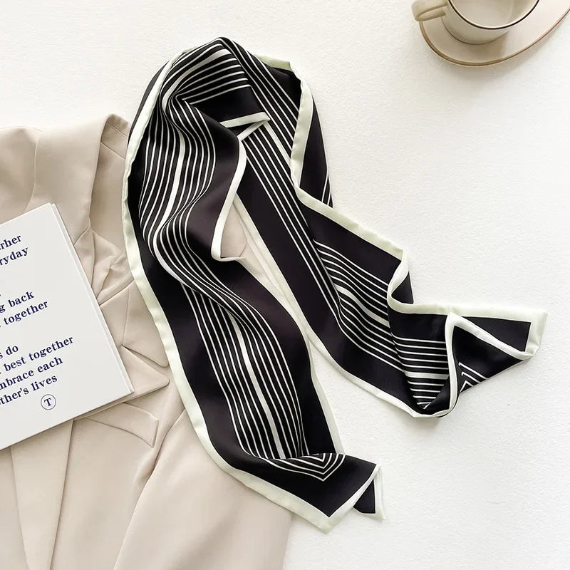 Luxury Stripe Print Silk Scarf for Women Soft Satin Headband Female Foulard Neckerchief Hairband Office Neck Tie Bag Scarfs Gift