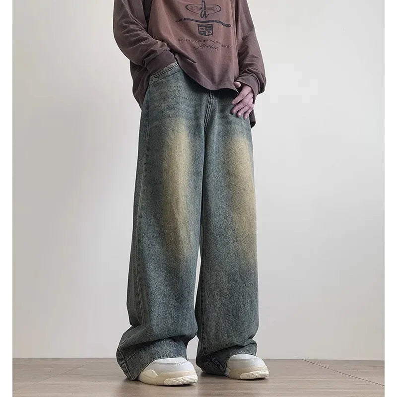 Vintage American Style Men's Jeans Straight-Leg Wide-Leg Clean-Fit Denim Trousers Casual Distressed High-Street Spring Autumn