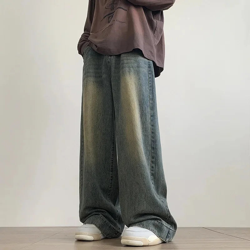 Vintage American Style Men's Jeans Straight-Leg Wide-Leg Clean-Fit Denim Trousers Casual Distressed High-Street Spring Autumn