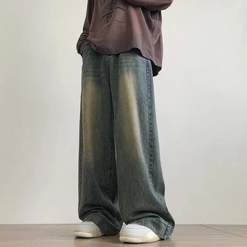 Vintage American Style Men's Jeans Straight-Leg Wide-Leg Clean-Fit Denim Trousers Casual Distressed High-Street Spring Autumn