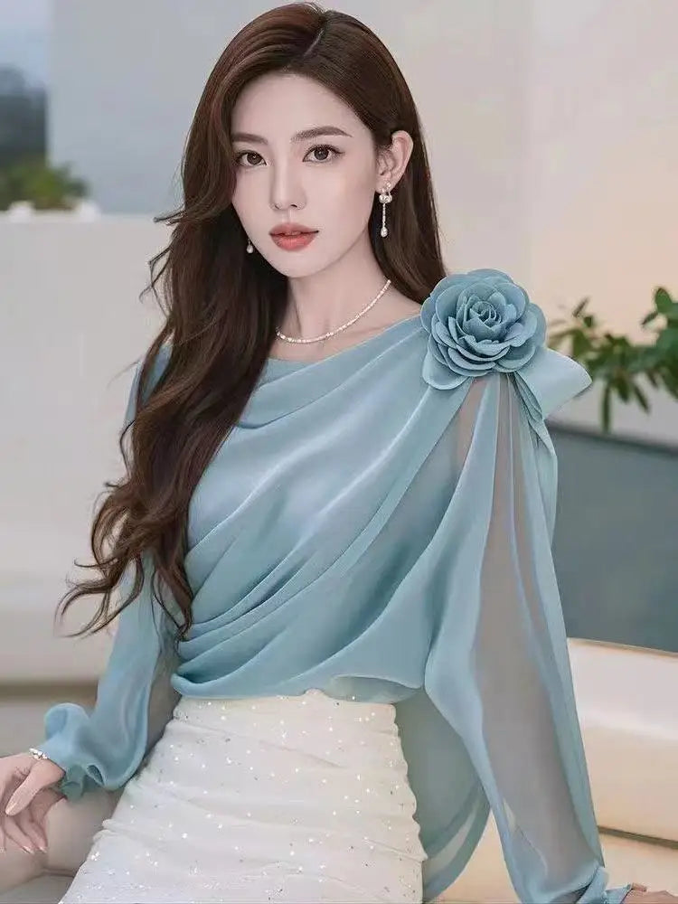2025 New Tops Women's Chiffon Blouse Tops Loose Fitting One Shoulder Slash Neck 3D Rose Flower Ruched Lantern Long Sleeve Shirts