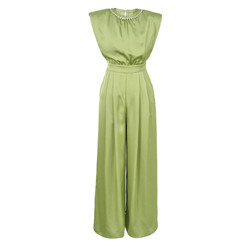New Summer Long Jumpsuit Women Elegant Fashion Green Pockets Folds High Waist Wide Leg Pants Mujer Holiday Party Banquet Rompers