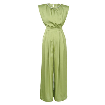 New Summer Long Jumpsuit Women Elegant Fashion Green Pockets Folds High Waist Wide Leg Pants Mujer Holiday Party Banquet Rompers