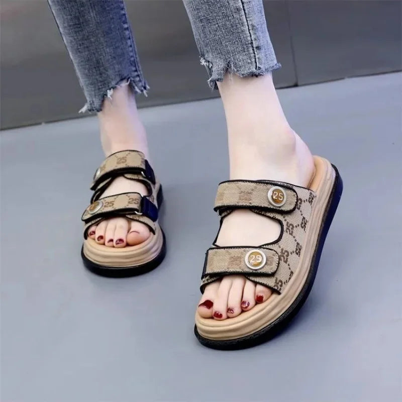 Women's Summer Outdoor Sandals Thick Bottom Magic Tape Anti-Slip Beach Shoes Matching Skirts Large Size Slippers
