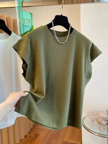 2025 Summer New Youth Hong Kong Style Trendy Sleeveless Short Sleeve Simple Versatile Vest Shoulder Vest Crew Neck T-shirt