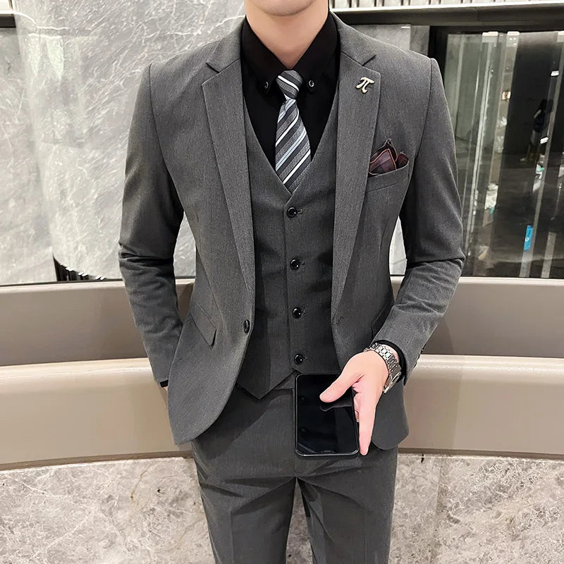 High Quality 2023New Men's (suit + Vest + Trousers) Wedding Banquet Boutique Business Slim-fit Plaid Dress Three-piece Set M-5XL