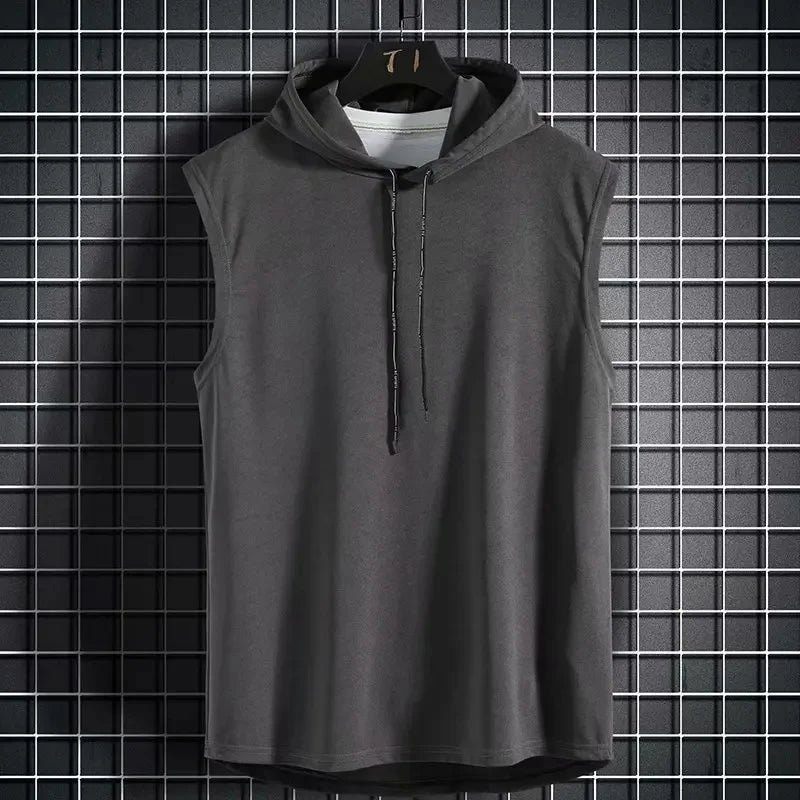 Summer Hooded T-Shirt Men's Sporty Korean Style Fitness Loose Fit Hip Hop Street Sleeveless Couple Top Clothing