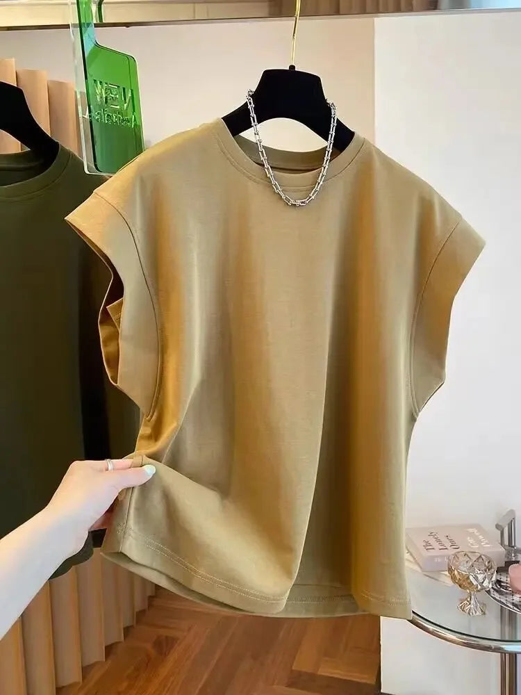 2025 Summer New Youth Hong Kong Style Trendy Sleeveless Short Sleeve Simple Versatile Vest Shoulder Vest Crew Neck T-shirt