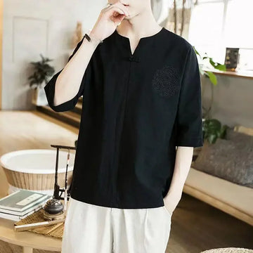 Versatile Men's T-shirt Embroidery V-neck Short Sleeves Cotton Linen Top Men's Clothing
