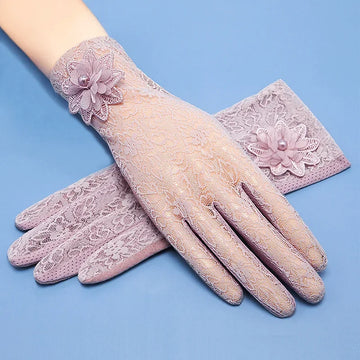 Women's Summer UV Resistant Ice Thin Driving and Cycling Touch Screen Anti Slip Short Sunscreen Lace Gloves