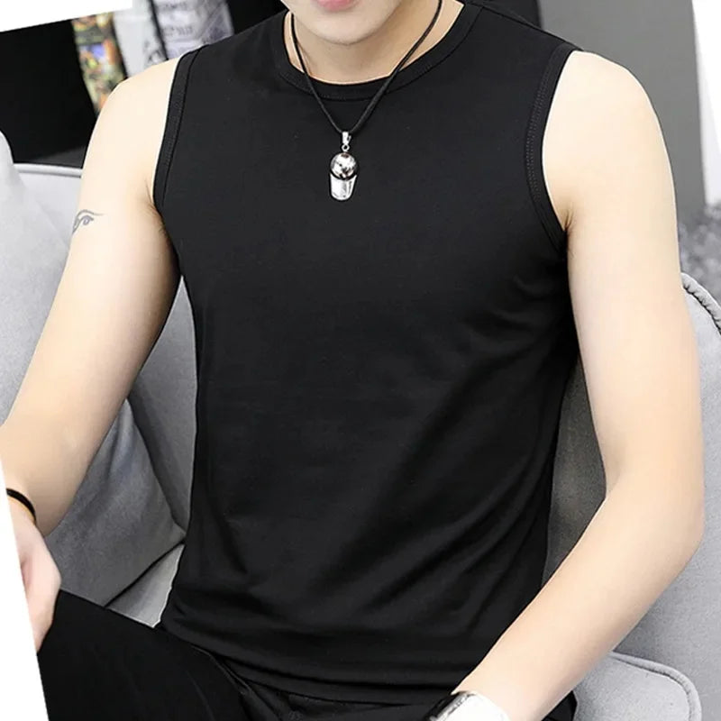Pure Cotton Sleeveless Vest Men's T-shirt Solid Color Slim Fit round Neck Men's Fashion Versatile Student Basic Tee Base Shirt