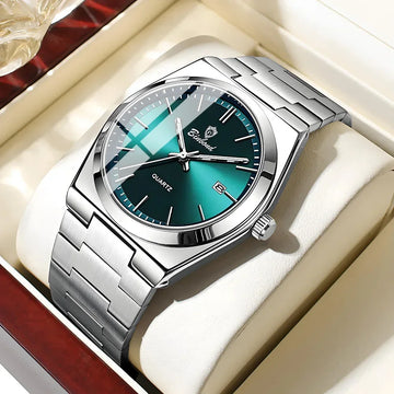 YIKAZE Men's Watch Light Luxury Men Quartz Wristwatch Stainless Steel Week Dual Calendar Waterproof Business Male Watch Gift
