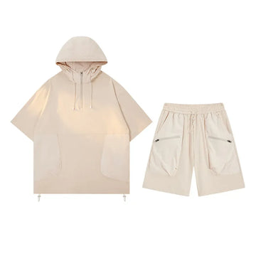 Japanese Style Vintage Half-Zipped Men's Summer Loose-Fit Casual Hooded T-Shirt Shorts 2-Piece Set Short Sleeves