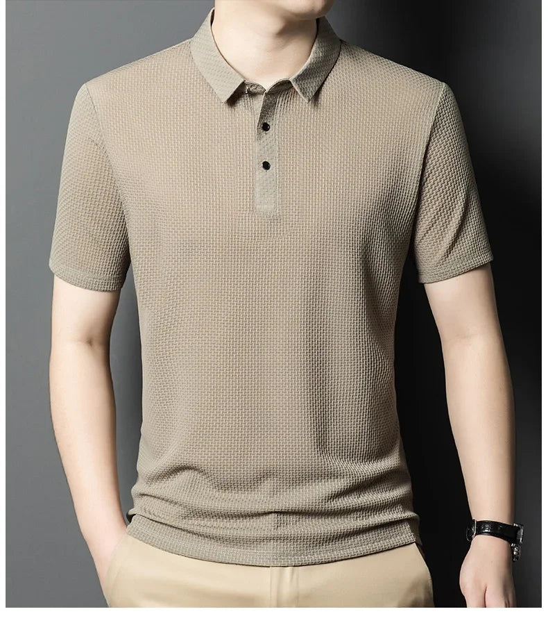 BROWON 2025 Casual Summer Graphic T Shirts for Man Top Tee Solid Color Short Sleeve Turn Down Collar Plaid Mens Designer Clothes