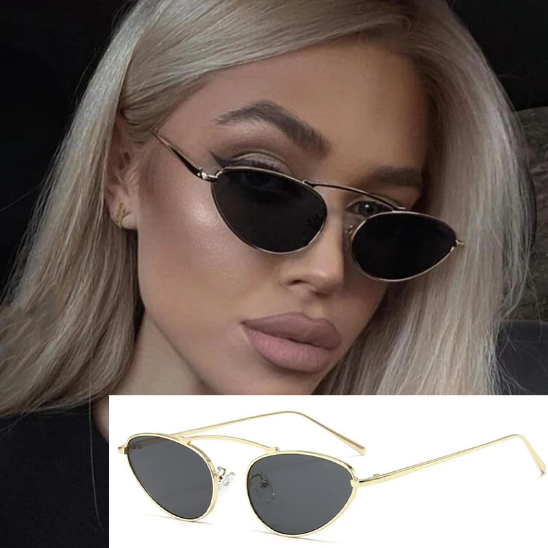 Luxury Brand Designer Cat Eye Sunglasses Women 2024 Popular Metal   Frame Vintage Small Oval Sun Glasses UV400 Protect Black Lad