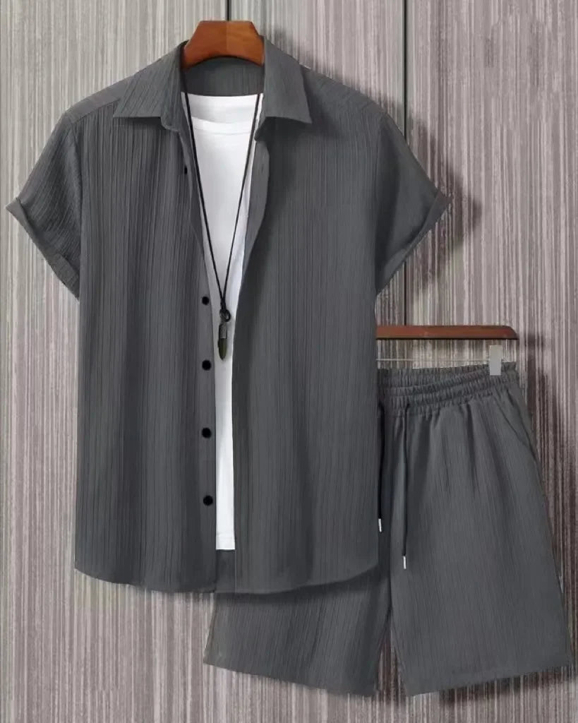 2024 Summer Men's Jacquard Black White Solid Color Short Sleeve Casual Style Vacation Suit Shorts Underneath Shirt