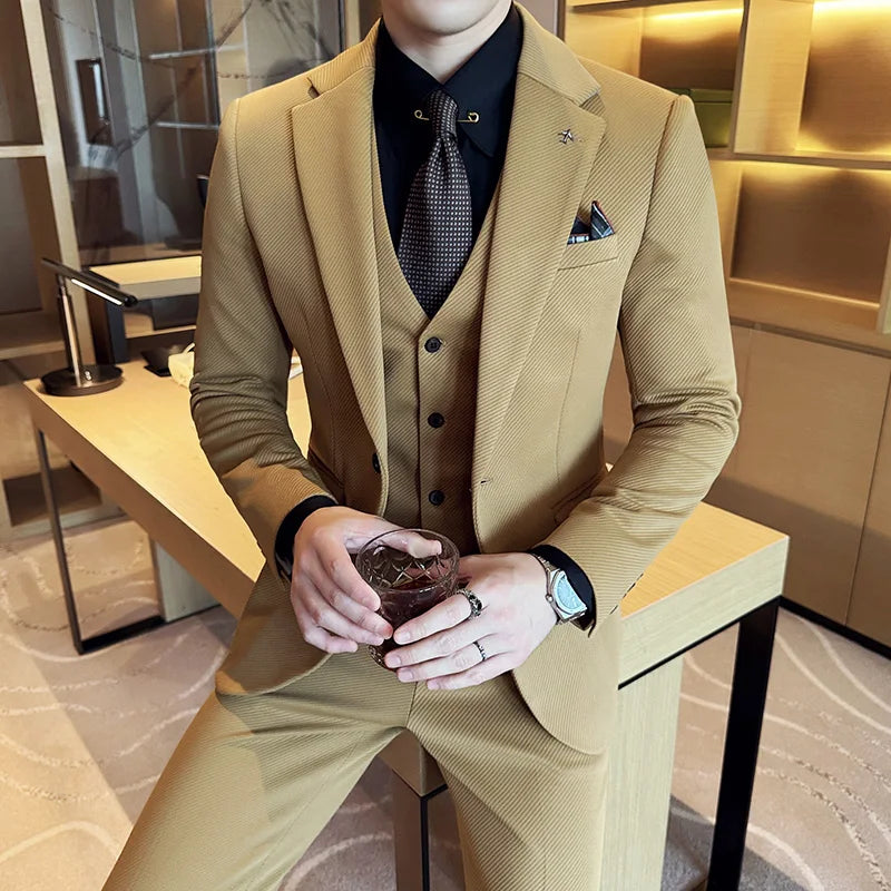 2024 High Quality Korean Slim Fit (suit + Vest + Trousers) Stylish and Handsome Wedding Knitted Twill Suit Three-piece Set