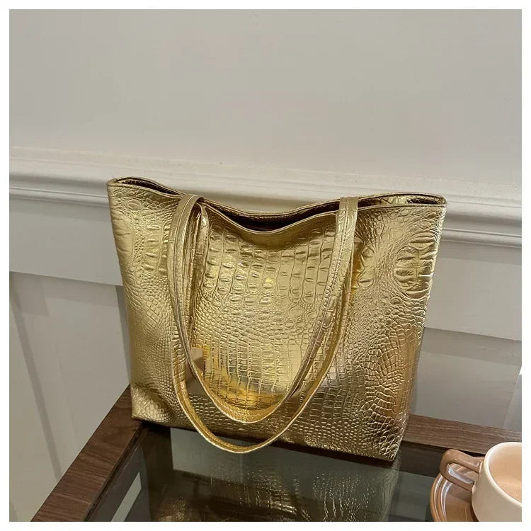 PU Leather Female Big Tote Bag Ladies Hand Bags Sac Silver Gold Black Crocodile Handbag Fashion Casual Women Shoulder Bags
