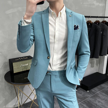 (Jackets+Pants) Men's Spring Quality Business Suits Male Slim Fit Solid Color Groom's Wedding Dress Fashion 2 pieces Blazers 4XL