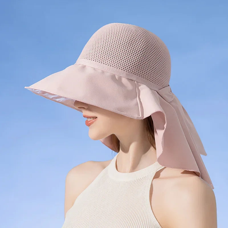 Summer Women Bucket Hat with Shawl Lightweight Breathable Mesh Face Neck Protection Sun Hat Bow Pleat Design Travel Beach Cap