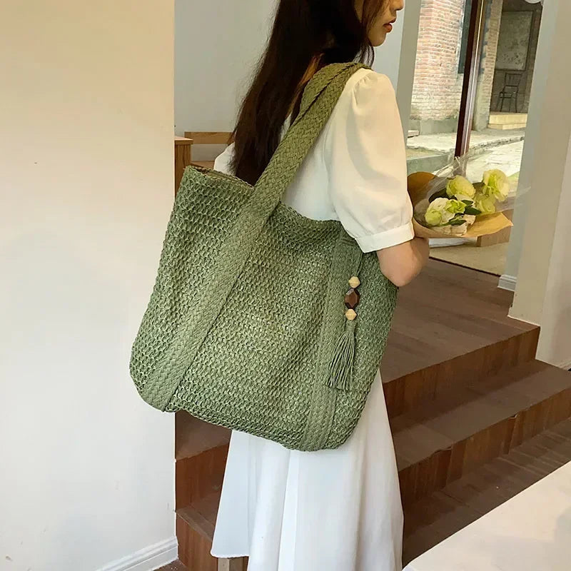 Elegant Ladies Straw Woven Handbag Women Holiday Beach Commute Casual Tote Top-Handle Bags Fashion Retro Shoulder Bags 2025