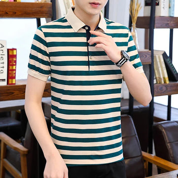 TFETTERS Brand Striped Short Sleeved T-shirt for Men Contrasting Colors Turn Down Collar Oversized T Shirt Men Fashion Tops