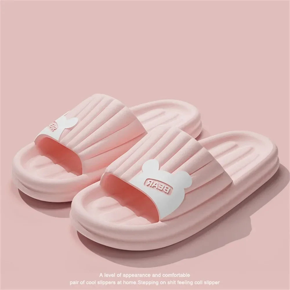 Women Thick Sole Slippers Cartoon Bear Summer Beach Slides Men Bathroom Anti Slip Soft Sandals Ultra Light Shoes Couples Slipper