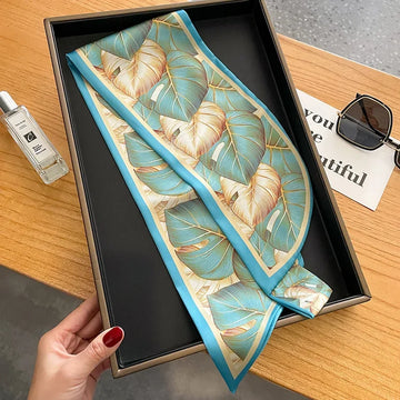Elegant Floral Skinny Silk Scarf Women Leaf Print Foulard Neckerchief Lady Bag Ribbon Office Soft Satin Neck Tie Female Hairband
