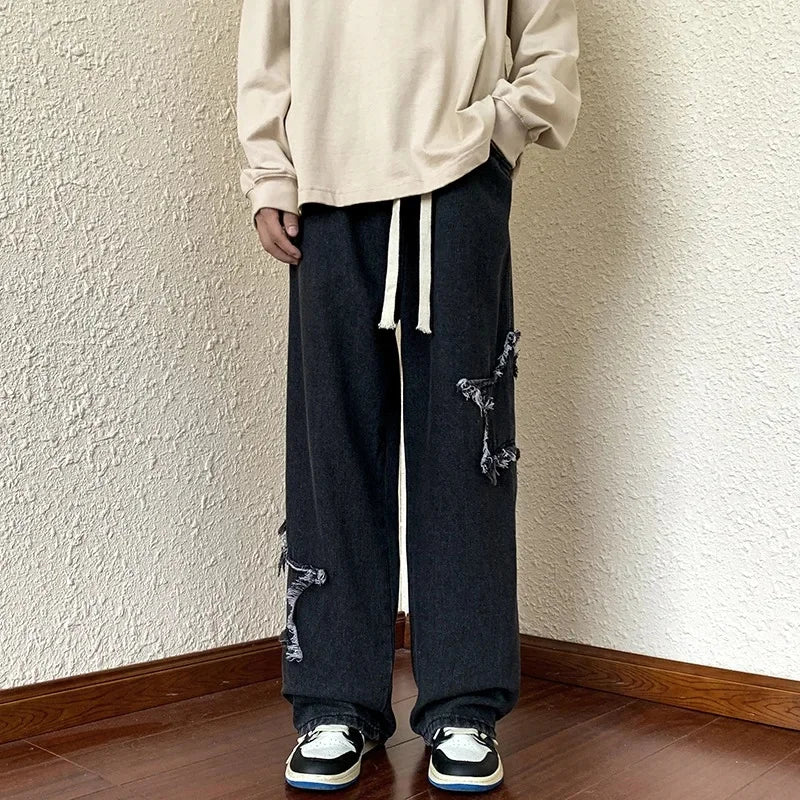 Men's Straight-Leg Denim Jeans Loose Fit Embroidered Washing Ins Style Hong Kong Brand Casual Trousers Autumn Winter