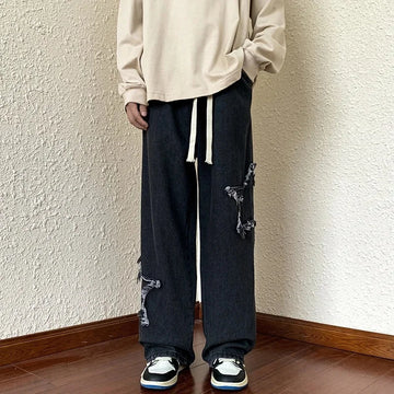 Men's Straight-Leg Denim Jeans Loose Fit Embroidered Washing Ins Style Hong Kong Brand Casual Trousers Autumn Winter