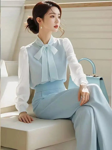 High Quality Tops and Pant 2 Pieces Sets for Women Wear To Work Office Summer 2025 Elegant Office Professional Wide Leg Trousers