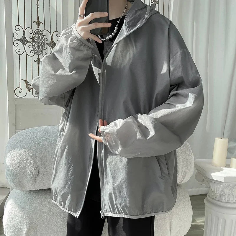 Ice Silk Sun Protection Jacket Men's Summer Style American Street Youth Outdoor Lightweight Plus Size Loose Fit Breathable Hoode