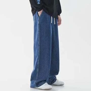 New Spring Summer Men's Jeans Plus Size Loose Fit Straight Leg Pants Casual Style Hong Kong Trendy Wide Leg Trousers