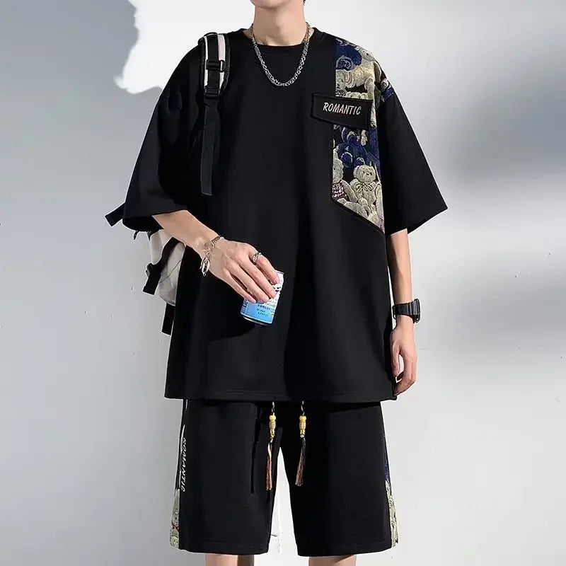 Trendy Bear Brand Men's Summer Suit 2-piece Set Loose Fit Casual Plus Sizes Short Sleeves Chinese Style Patchwork Fashion