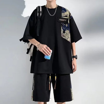 Trendy Bear Brand Men's Summer Suit 2-piece Set Loose Fit Casual Plus Sizes Short Sleeves Chinese Style Patchwork Fashion