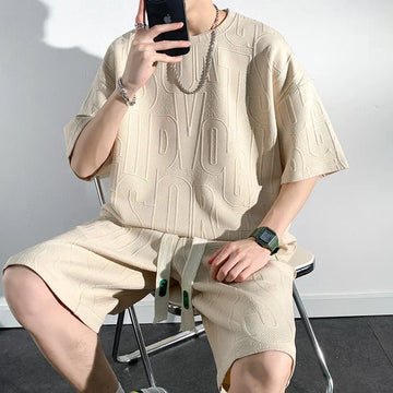 Casual Loose-fit Short Sleeve Men's T-shirt Shorts Set Fashionable Summer Trendy For Overweight Men