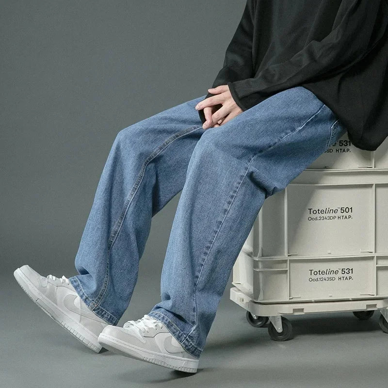 Men's Straight-Leg Jeans Loose Fit Casual Trousers Solid Color Spring Autumn Seasonal Style Office Attire Male Suiters