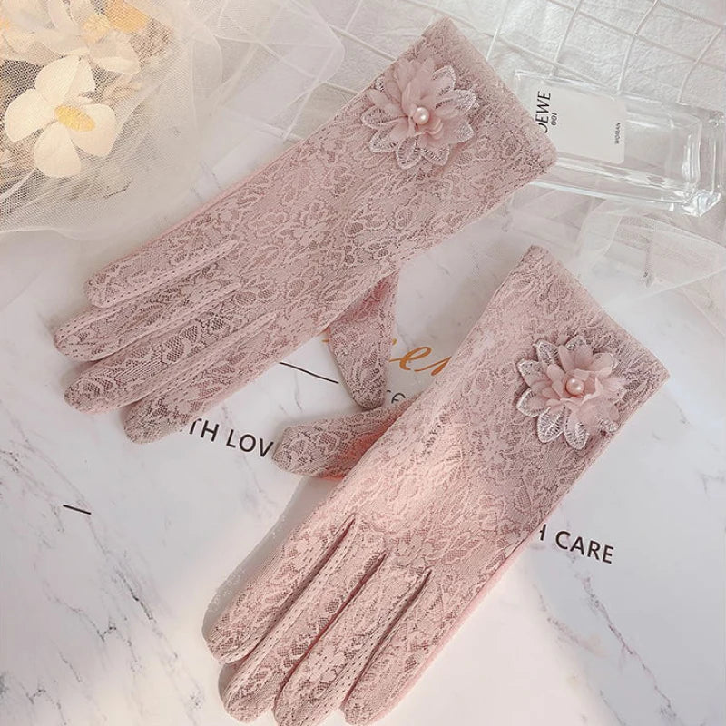 Women Summer Sunscreen Delicate Lace Flowers Driving Cycling Breathable Gloves Thin Elegant Female Short Soft