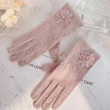 Women Summer Sunscreen Delicate Lace Flowers Driving Cycling Breathable Gloves Thin Elegant Female Short Soft