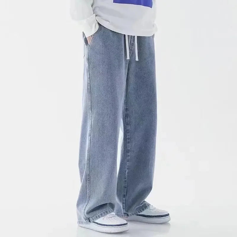 New Spring Summer Men's Jeans Plus Size Loose Fit Straight Leg Pants Casual Style Hong Kong Trendy Wide Leg Trousers