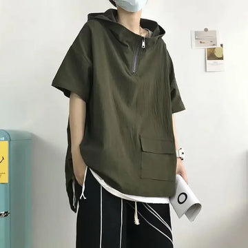 Trendy Summer Short Sleeve Men's T-shirt Loose Fit Half Sleeve Hooded Top Versatile Student Half Polo/turtle Neck Tees
