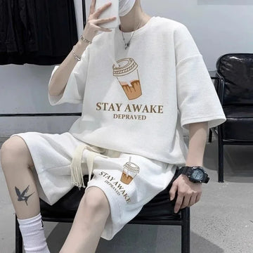 Summer New Men's Short Sleeve Casual Versatile Sport Thin Trendy Loose-Fit Suit Checked Patterned Top Slim Fit Trousers