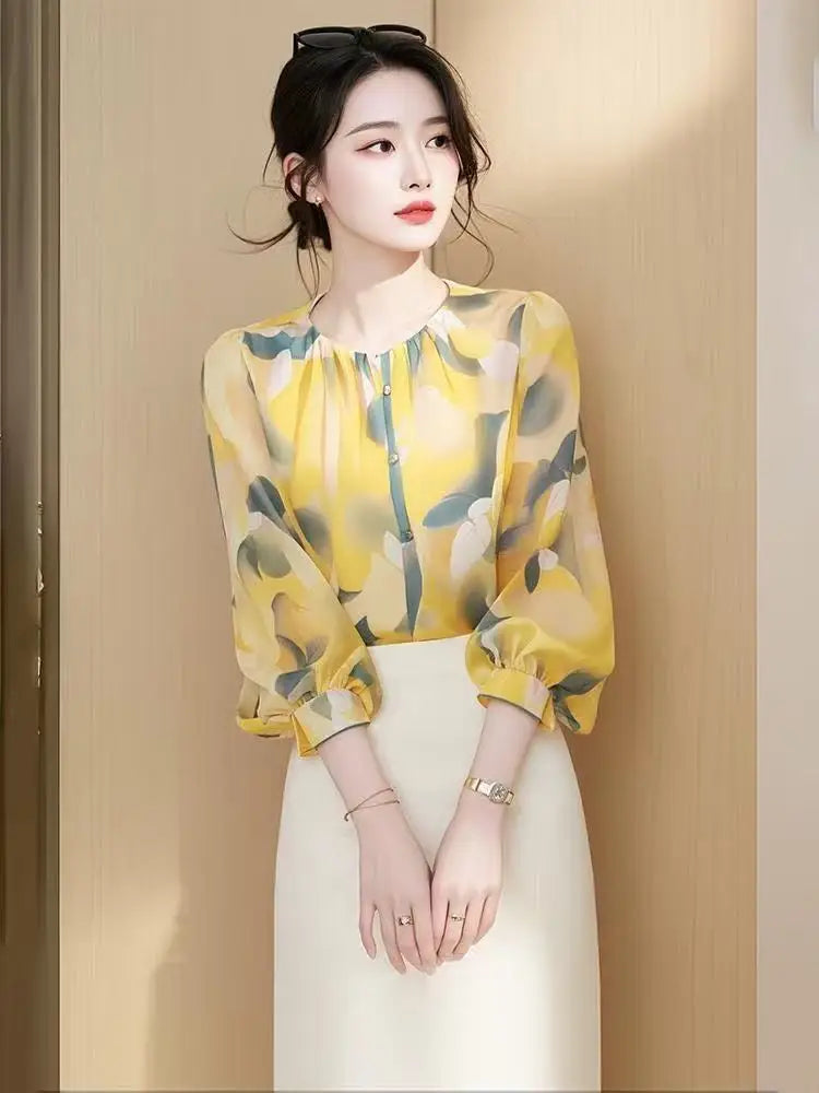 Women's Clothing Korean Fashion Floral Print Blouse Senior Feeling 2025 Spring Lantern Sleeve All-match Chiffon Shirt for woman