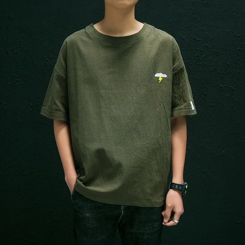 Men's Cotton Linen Short Sleeve T-shirt Loose Fit Casual Round Neck Design Chinese Style Embroidery Summer Fashion