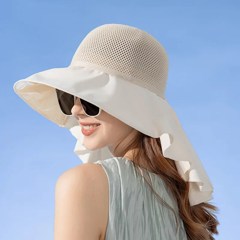Summer Women Bucket Hat with Shawl Lightweight Breathable Mesh Face Neck Protection Sun Hat Bow Pleat Design Travel Beach Cap