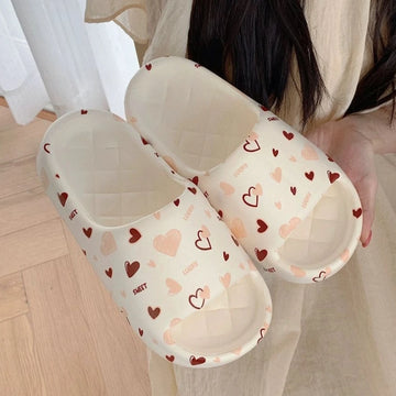 Cute Love Print Design Thick Sole Women Slippers Slides Bathroom Beach Indoor Sandals Summer Couple Shoes sandalia trenzada